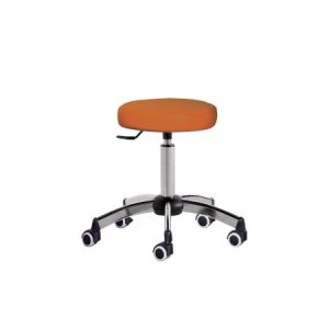 Höhenverstellbarer, oranger Rollhocker mit Metallfuß; ideal für Büro oder Praxis.