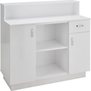 Moderner weißer Empfangstresen mit Schrank, Schublade und offenen Regalfächern