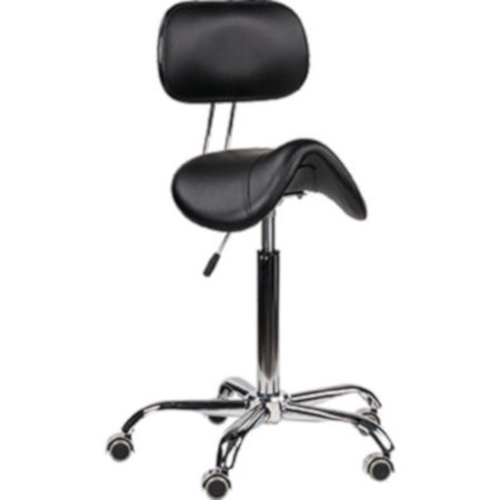 Schwarzer ergonomischer Sattelhocker mit verstellbarer Rückenlehne und Rollen auf Metallgestell