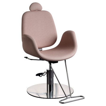 Moderner Schminkstuhl mit rosa Polsterung und metallischem Fuß, ideal für Salons.