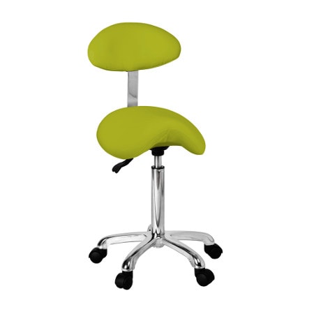 Ergonomischer grüner Rollhocker mit Sattelsitz, verstellbarer Höhe und stabilem Chromfuß für optimalen Komfort