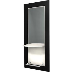 Moderner schwarzer Wandspiegel mit integriertem Regal und Fussstütze für Friseursalon. Perfekt für stilvolle Einrichtung.