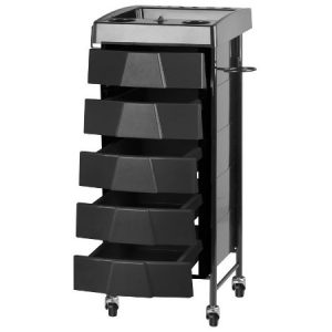 Friseurwagen mit sechs Schubladen, schwarz, auf Rollen für einfache Mobilität im Salon. Ideal für Werkzeuge und Zubehör.