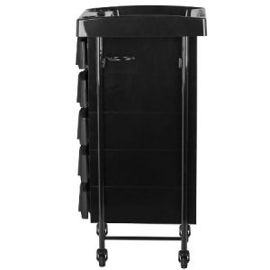 Friseurwagen mit sechs Schubladen, schwarz, auf Rollen für einfache Mobilität im Salon. Ideal für Werkzeuge und Zubehör.