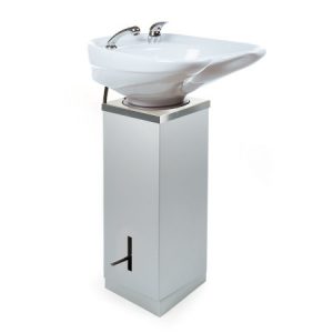 Moderner Friseursalon-Waschbecken auf Säule, weißes Keramik, ideal für komfortables Haarwaschen und stilvolles Saloninterieur.