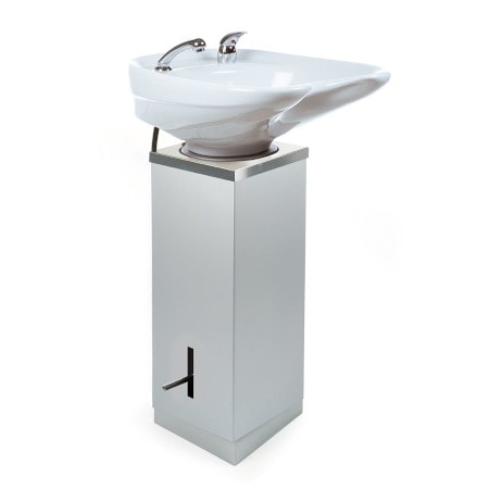 Moderner Friseursalon-Waschbecken auf Säule, weißes Keramik, ideal für komfortables Haarwaschen und stilvolles Saloninterieur.
