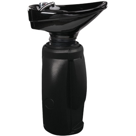 Tragbares schwarzes Haarwaschbecken mit flexiblem Schlauch, ideal für den mobilen Friseurbedarf und einfache Haarpflege.