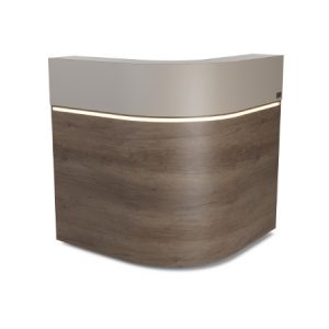 Moderne Empfangstheke aus Holz mit Beleuchtung, ideal für Empfangsbereiche. Elegantes Design mit Holzoptik.