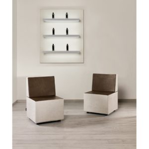 Moderne Lounge-Ecke mit zwei minimalistischen Stühlen und stilvollem Regal im Hintergrund, ideal für schicke Innenräume.