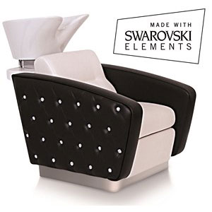 Luxuriöse Waschanlage mit Swarovski-Elementen, schwarz-weiße Polsterung, ideal für exklusive Salons.