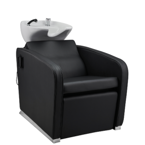 Moderner Friseur-Waschstuhl mit schwarzem Sitz und integriertem weißen Waschbecken für Salonkomfort und Funktionalität.