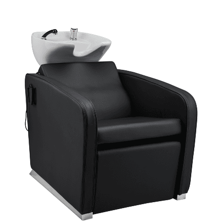 Moderner Friseur-Waschstuhl mit schwarzem Sitz und integriertem weißen Waschbecken für Salonkomfort und Funktionalität.