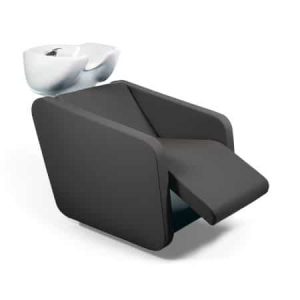 Moderner Friseurstuhl mit integrierter Waschstation, ergonomisch und stilvoll für professionellen Salonkomfort.