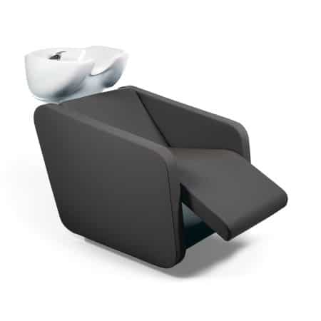 Moderner Friseurstuhl mit integrierter Waschstation, ergonomisch und stilvoll für professionellen Salonkomfort.