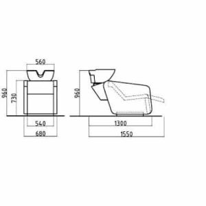 Schematische Zeichnung eines Friseurstuhls mit Waschbecken, Abmessungen seitlich und frontal angezeigt. Ideal für Salons.