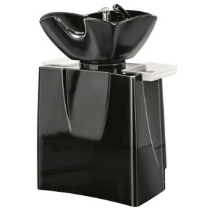 Schwarzes Friseurwaschbecken mit modernem Design, ideal für Salons, mit integriertem Wasserhahn und Ablagefläche.