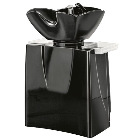 Schwarzes Friseurwaschbecken mit modernem Design, ideal für Salons, mit integriertem Wasserhahn und Ablagefläche.