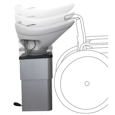 Höhenverstellbares Waschbecken für Rollstuhlfahrer, ideal für Barrierefreiheit in Friseursalons und Pflegeeinrichtungen.