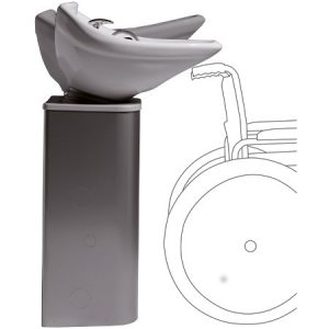 Höhenverstellbares Waschbecken für Rollstuhlfahrer in einem Friseursalon, seitlicher Ansicht mit Designskizze.