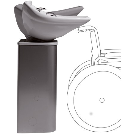 Höhenverstellbares Waschbecken für Rollstuhlfahrer in einem Friseursalon, seitlicher Ansicht mit Designskizze.