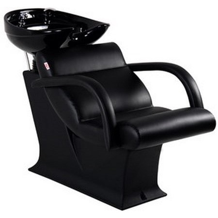 Schwarzer Waschsessel, ideal für Salons. Ergonomisches Design für Komfort und Stil.