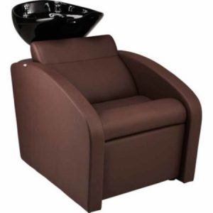 Brauner Friseursalon-Waschstuhl mit schwarzem Becken für Haarpflege und Komfort. Ideal für moderne Salons.