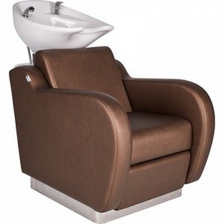 Brauner Friseurstuhl mit integriertem Waschbecken, ideal für Salons, ergonomisches Design für komfortable Haarwäsche.