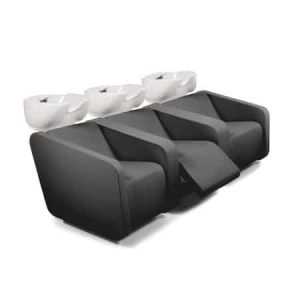 Schwarzes Waschsofa mit weißen Waschbecken, moderne Salonmöbel für Haarpflege und Komfort.