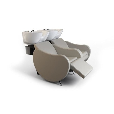 Moderner Friseursalon-Waschplatz mit ergonomischen Sesseln und doppelten Waschbecken für komfortables Haarwaschen.