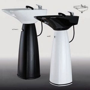 Schwarzes und weißes Waschbecken für Friseure mit moderner, stilvoller Säulengestaltung und integriertem Wasserhahn.