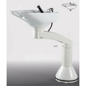 Moderner, weißer, freistehender Friseurrückwärtswaschbecken, verstellbar, ideal für Salons, mit integriertem Wasserhahn.