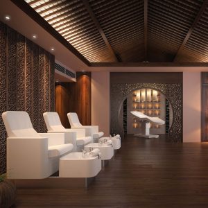Luxuriöser Spa-Bereich mit eleganten weißen Pediküre-Stühlen und modernem Holzakzent-Design.