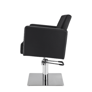 Moderner Friseurstuhl in Schwarz, Seitenansicht, verstellbar mit stabiler Metallbasis für Saloneinrichtung.