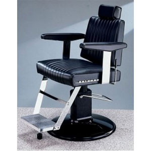 Schwarzer Friseurstuhl mit verstellbarer Rückenlehne und Fußstütze auf grauem Boden, ideal für Saloneinrichtung.