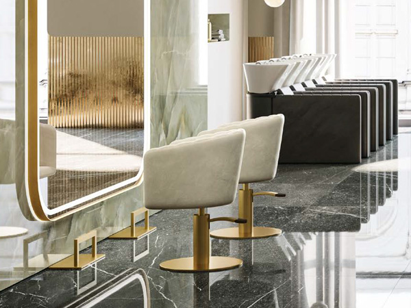 Fancy-Friseureinrichtung-in-gold Fancy Doppelwandplatz und Friseurstuhl Fancy - Friseureinrichtung in gold