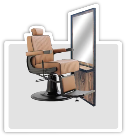 Barberstuhl in Karamellfarbe und Spiegel im Loft-Stil