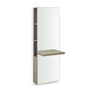Moderner Wandspiegel mit integriertem Regal und klappbarer Ablage in Holzoptik, ideal für platzsparende Räume.
