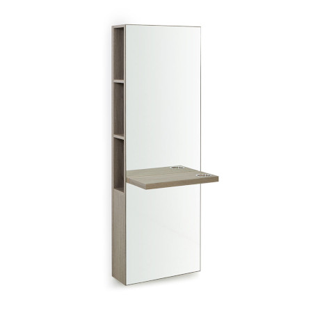 Moderner Wandspiegel mit integriertem Regal und klappbarer Ablage in Holzoptik, ideal für platzsparende Räume.
